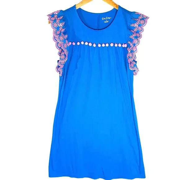 LILLY PULITZER Women’s Ave dress Blue with Pink Ruffle Eyelet small - Picture 4 of 6